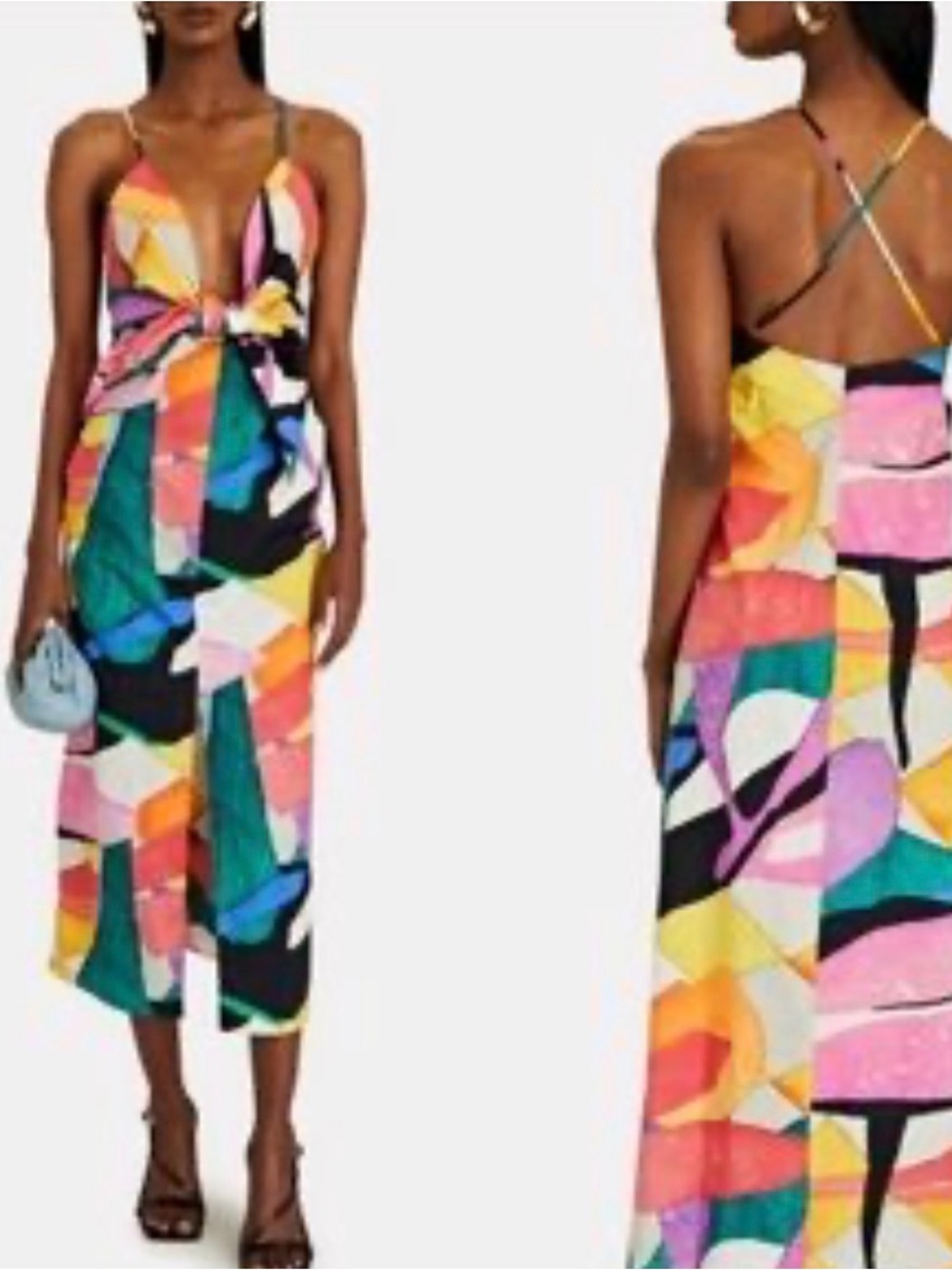 Abstract Multicolor Midi Dress with Twist Front